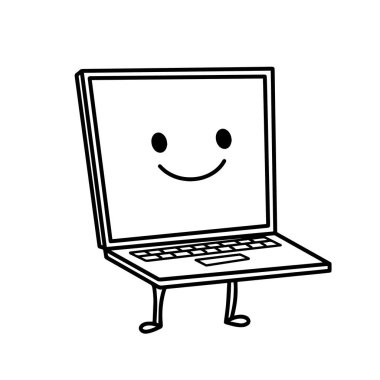 Güzel dizüstü bilgisayar karakteri. Çizim biçiminde vektör illüstrasyonu, çubuk adam