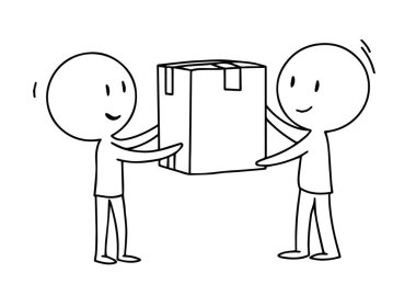 Teslimat ve hareket. Çubuk adam kutuyu verir. Karalama biçiminde vektör illüstrasyonu.