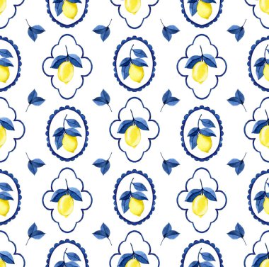 Mavi çerçeveli, çizgili ve sarı limonlu klasik suluboya deseni. Akdeniz baskısı