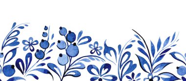 Rus tarzında kusursuz mavi süslemeler. Porselen resim için suluboya fırça çizimi