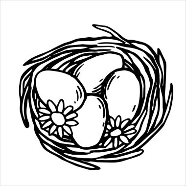 Karalama tarzında Paskalya illüstrasyonu. Yumurta ve çiçekli yuva. Eskiz