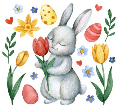 Paskalya seti, lale çiçekli ve paskalya yumurtalı şirin bir tavşan. suluboya resimleme