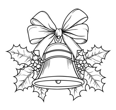 Noel çanı, kutsal yapraklar ve dutlarla. Çizim biçimi ve boyama kitabında vektör illüstrasyonu