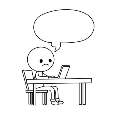 Bilgisayarda çalışan yorgun çubuk adam. Karalama biçiminde vektör illüstrasyonu