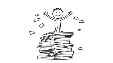 Çubuk adam kağıt yığınının üzerinde gülümsüyor. Karalama biçiminde vektör illüstrasyonu