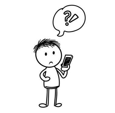 Çubuk adam telefonda şaşkın görünüyor. Karalama biçiminde vektör illüstrasyonu