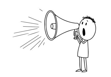 Çubuk adam megafona bağırıyor. karalama biçimi vektör illüstrasyonu