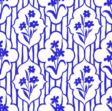 Mavi çerçeveli, çizgili ve çiçekli klasik vektör deseni. Duvar kağıdı ve tekstil için şirin baskı