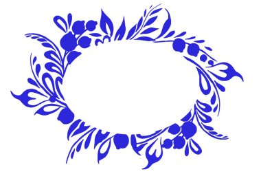 Rus tarzı mavi süslemelerden oluşan vektör oval çerçeve. Porselen resim çiziyorum..