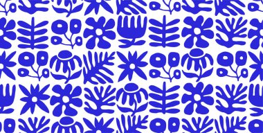 Modern tarzda mavi renkli soyut çiçek ve bitkilerin kusursuz vektör deseni