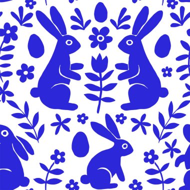 Soyut mavi paskalya tavşanları ve çiçekleriyle paskalya renksiz vektör deseni