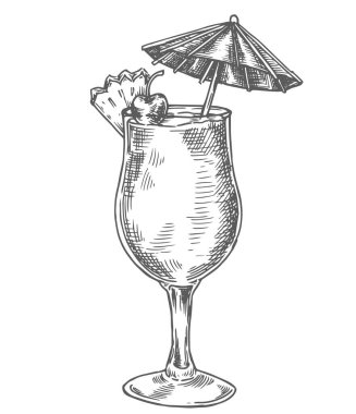 pina colada kokteyli, çizim tarzında vektör illüstrasyonu.