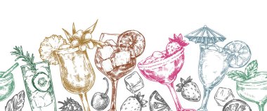 Alkollü kokteyllerin kusursuz sınırı, çizim tarzında vektör illüstrasyonu