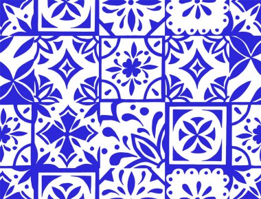 Mavi damaske kiremitleri olan kusursuz vektör deseni.