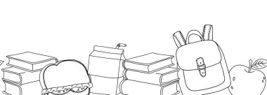 Okul malzemelerinin, kitapların ve sırt çantalarının kusursuz sınırı. Güzel karalama çizimi. Okula geri dön.