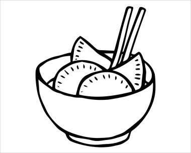 Asya mutfağı, bir kase hamur tatlısı, güzel karalama çizimleri.