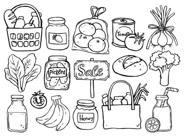 Alışveriş, bakkal teması üzerine çizimler. Güzel karalama çizimleri.