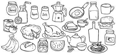 Ev yapımı yemek teması üzerine bir dizi çizim. Güzel karalama çizimleri.