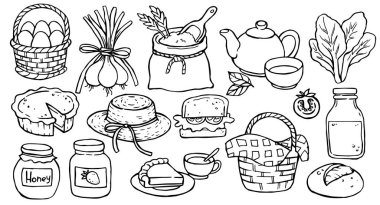 Çiftlik ürünlerinin teması üzerine bir dizi çizim. Güzel karalama çizimleri.