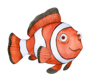 Şirin tropikal palyaço balığı karakteri. Çocuklar için suluboya resim, sualtı hayatı