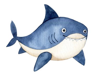 Şirin köpekbalığı karakteri. Çocuklar için suluboya resim, sualtı hayatı