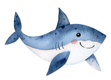Şirin köpekbalığı karakteri. Çocuklar için suluboya resim, sualtı hayatı