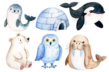 Şirin karakterlerle, kutup hayvanlarıyla dolu. Çocuklar için suluboya çizimi.