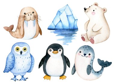 Şirin karakterlerle, kutup hayvanlarıyla dolu. Çocuklar için suluboya çizimi.