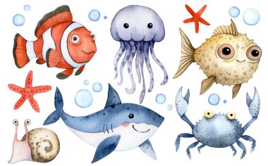 Şirin Deniz Yaratıklarının Suluboya Çizimi. Denizanası, yengeç, köpekbalığı, balık