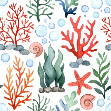 Su altı suluboya çizimi, yosun ve kabarcıklarla kusursuz desen