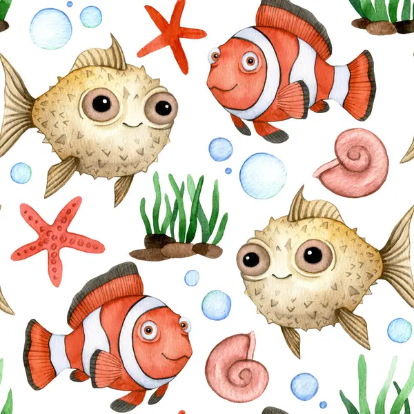 Şirin Sualtı Dünyası Su Boyası kusursuz desen Çocuklar için Balık ve Deniz Yaşamı baskısı