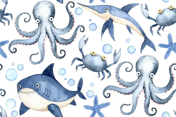 Şirin Sualtı Dünyası Su Boyası kusursuz desenli Balık, ahtapot, köpekbalığı ve çocuklar için Deniz Yaşamı baskısı