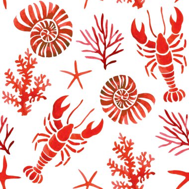 Deniz kabukları ve ıstakozlarla suluboya desenli. Akdeniz baskısı