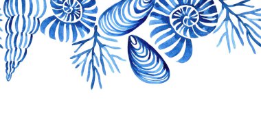 Mavi deniz kabuklarıyla suluboya dikişsiz sınır. Akdeniz çerçevesi