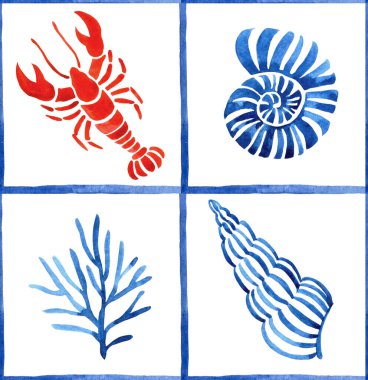dikişsiz suluboya desen, kırmızı deniz ıstakozları ve deniz kabukları ile mavi kiremit deseni