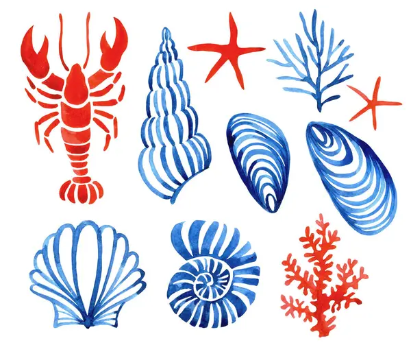 Suluboya çizimi, deniz elementleri seti. Kerevit, deniz kabuğu, deniz yıldızı. mavi ve kırmızı renkler