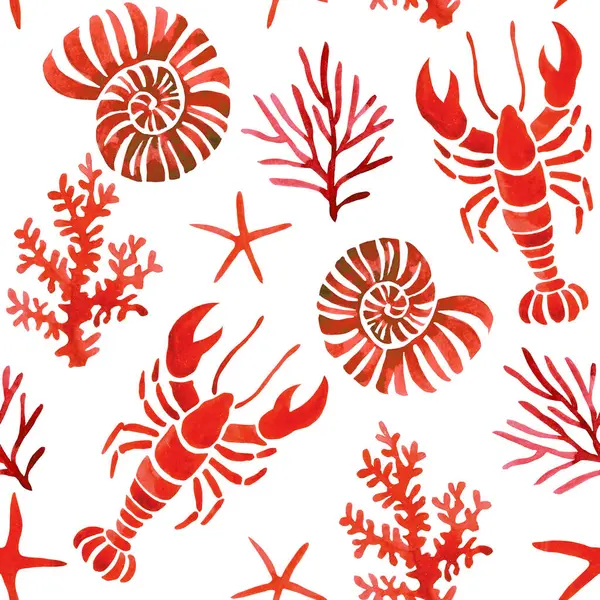 Deniz kabukları ve ıstakozlarla suluboya desenli. Akdeniz baskısı