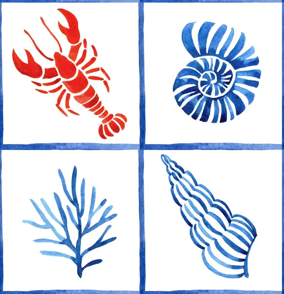 dikişsiz suluboya desen, kırmızı deniz ıstakozları ve deniz kabukları ile mavi kiremit deseni