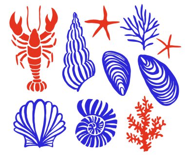 Vektör çizimi, bir dizi deniz elementi. Kerevit, deniz kabuğu, deniz yıldızı. mavi ve kırmızı renkler