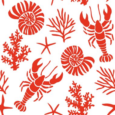 Kabuklu, ıstakozlu, vektörsüz desen. Akdeniz baskısı