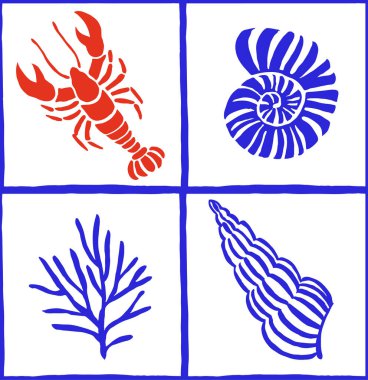 vektörsüz desen, kırmızı deniz ıstakozları ve kabuklu mavi fayanslar.