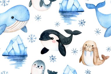 Kuzey Kutbu 'ndaki deniz hayvanlarının hoş, pürüzsüz deseni. Çocuklar için suluboya baskı