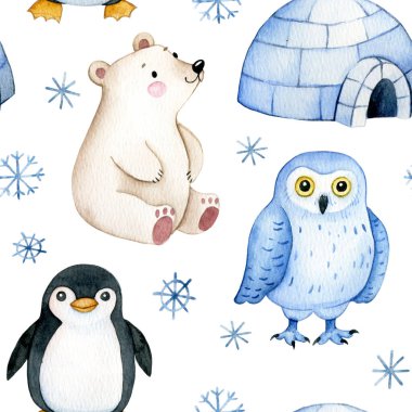Kuzey Kutbu hayvanlarıyla şirin, pürüzsüz bir desen. Çocuklar için suluboya baskı