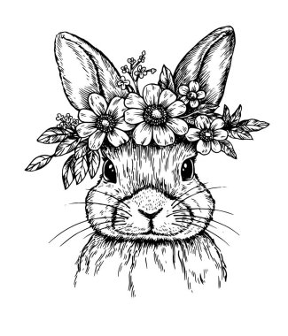 Çiçekli Paskalya Tavşanı 'nın vektör çizimi. Klasik eskiz stili