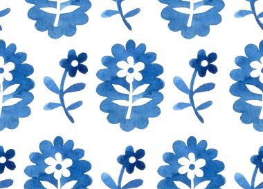 Mavi çerçeveli ve çiçekli klasik suluboya deseni. Duvar kağıdı ve tekstil için retro yazdırma