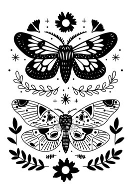 Boho tarzında mistik kelebek seti. vektör karalama çizimi.