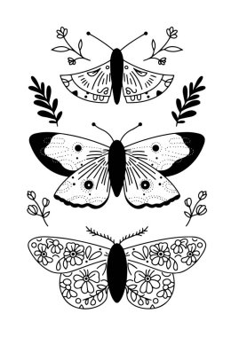 Boho tarzında mistik kelebek seti. vektör karalama çizimi.