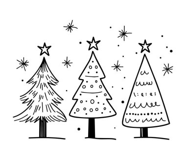 Karalama içinde bir sürü Noel ağacı. Yeni yıl için illüstrasyon, basit bir şekilde noel.
