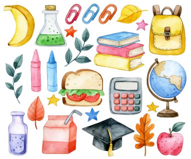 Şirin suluboya çizimler, okul eşyaları. Okula geri dön.