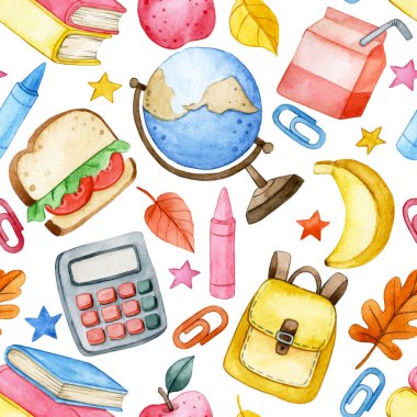 Okul malzemeleriyle suluboya desenli. Okula dönüş için yazdır